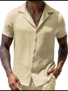 Men's Casual Short-Sleeve Button-Down Shirt in Light Beige